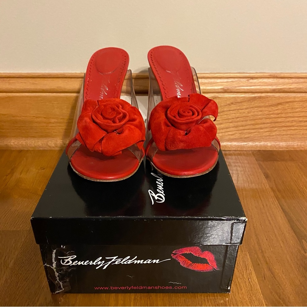 Beverly Feldman Forever High Heel Rose Slide Sandal Red Suede